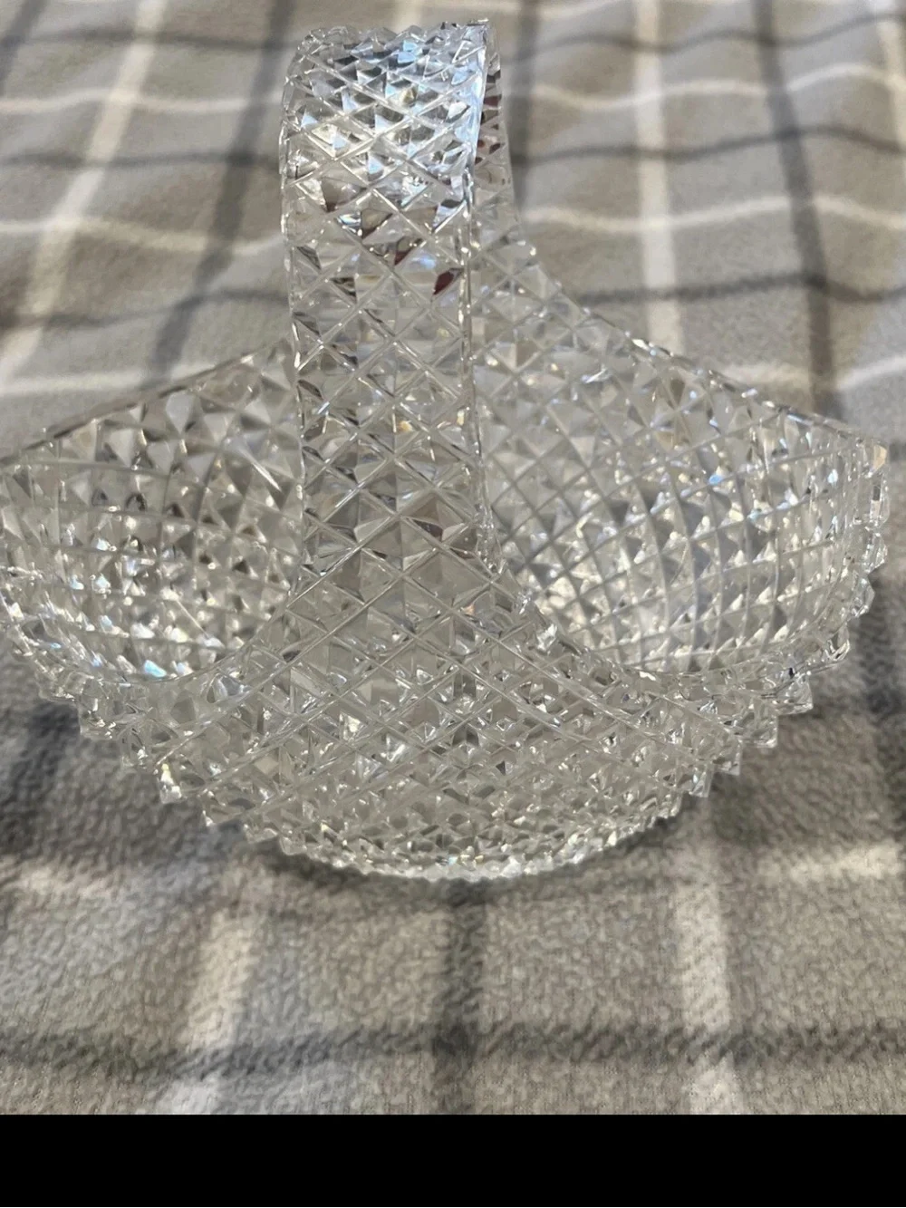 Clear Diamond-Cut Glass Basket Vase - Decorative Home Accent